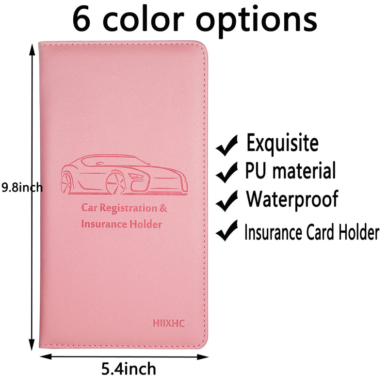 Car Registration and Insurance Card Holder - Leather Vehicle Glove Box Automobile Documents Paperwork Wallet Case Organizer for ID, Driver's License, Key Contact Information Cards - Men&Women L Pink