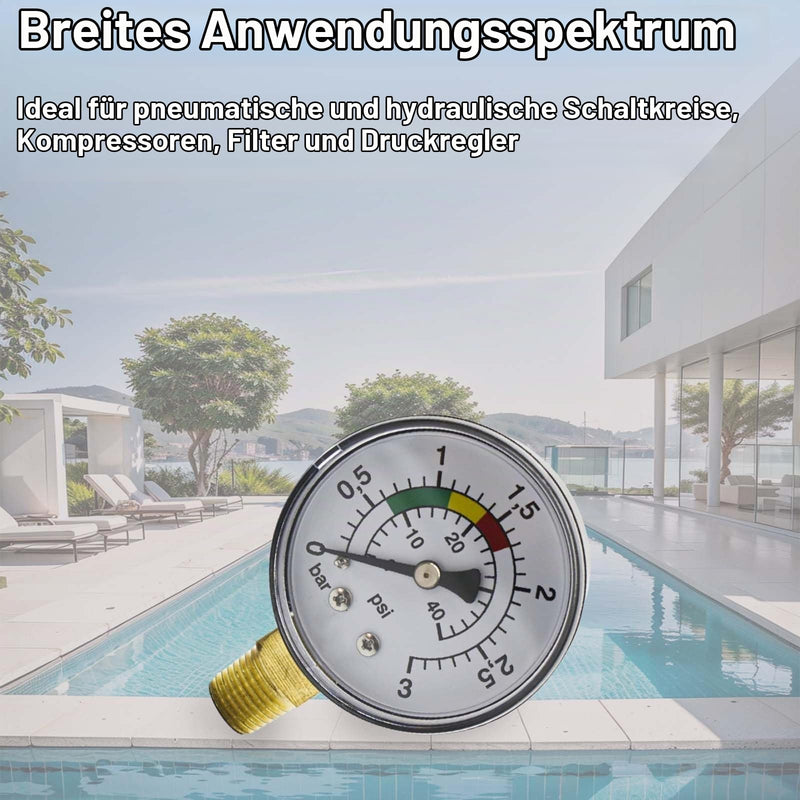 Pressure Gauge, High Precision Pressure Gauge, Water 0-3 Bar, 1/4 BSPT Compressed Air Pressure Gauge, Vertical Pressure Gauge, Swimming Pool Pressure Gauge, Low Pressure Gauge for Gas and Water