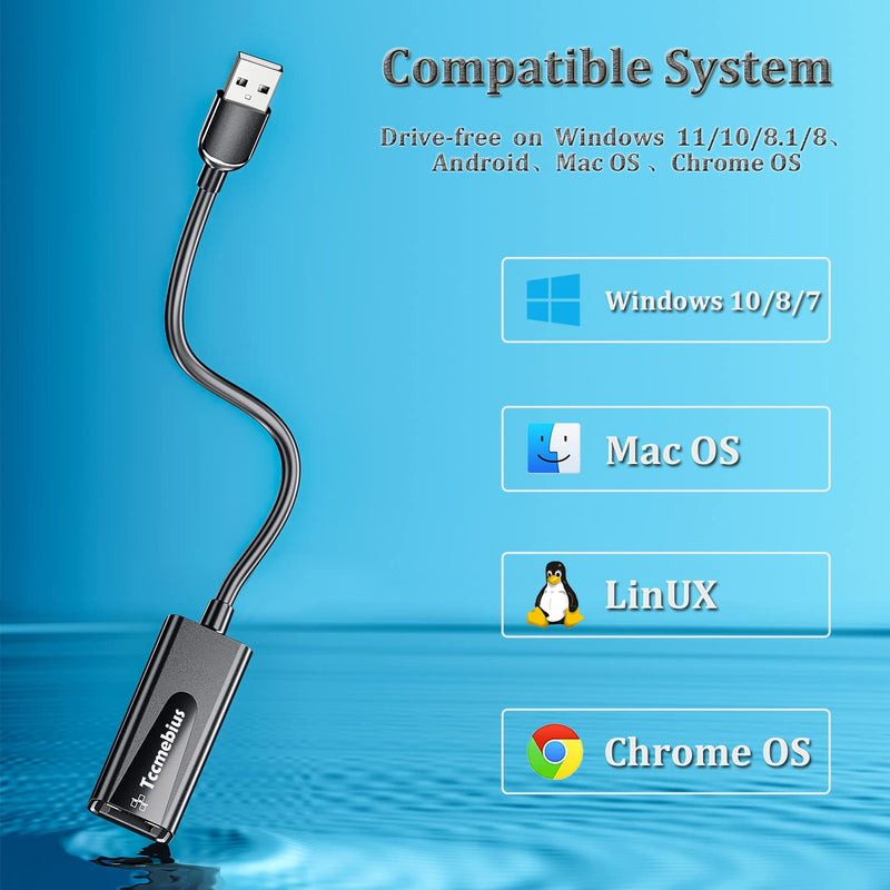 USB Ethernet Adapter, USB 2.0 to 10/100 Ethernet LAN Network Wired Adapter for MacBook, Surface Pro, Notebook PC, Compatible with Windows7/8/10, Mac OS, Android, Chrome OS, Linux (TCC-S20A)