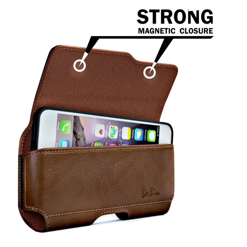 DeBin Holster for iPhone 15, 15 Pro 14, 14 Pro, 13 Pro, 13, 12, 11, XR, Galaxy S23 S22, S21, S20, S10, Google 7 Case with Belt Clip Cell Phone Belt Holder Pouch (Fits Phone with Otterbox Case) Brown