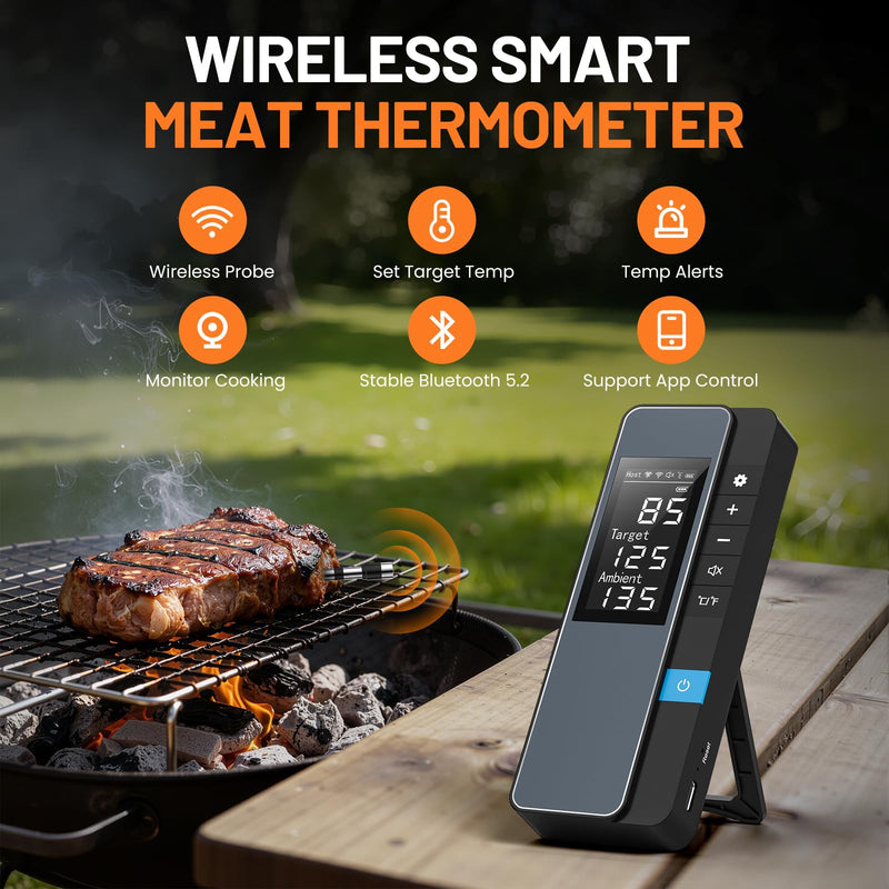Smart Bluetooth Wireless Meat Thermometer, Real-Time Monitoring Control Digital Thermometer with Smart App, Meat Probe IP67 Waterproof High Accuracy Perfect for BBQ, Oven, Grill & Smoker 1 Probe