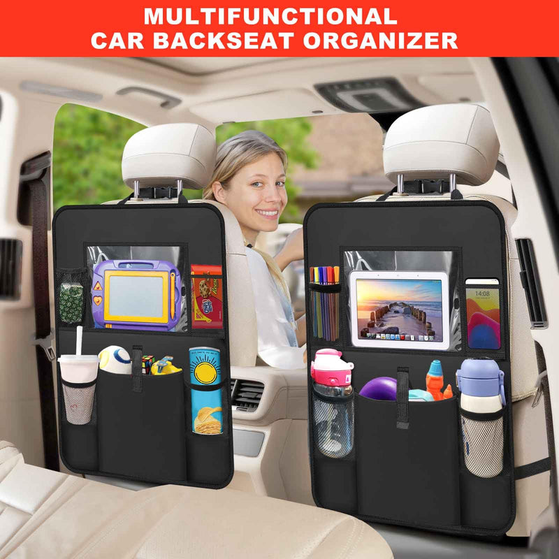 Car Backseat Organizer 2 Pack, Car Seat Back Organizers Storage Kick Mat Seat Protector, Car Seat Back Protectors with Clear 10" Tablet Holder + 5 Storage Pockets Back seat Organizer for Kids
