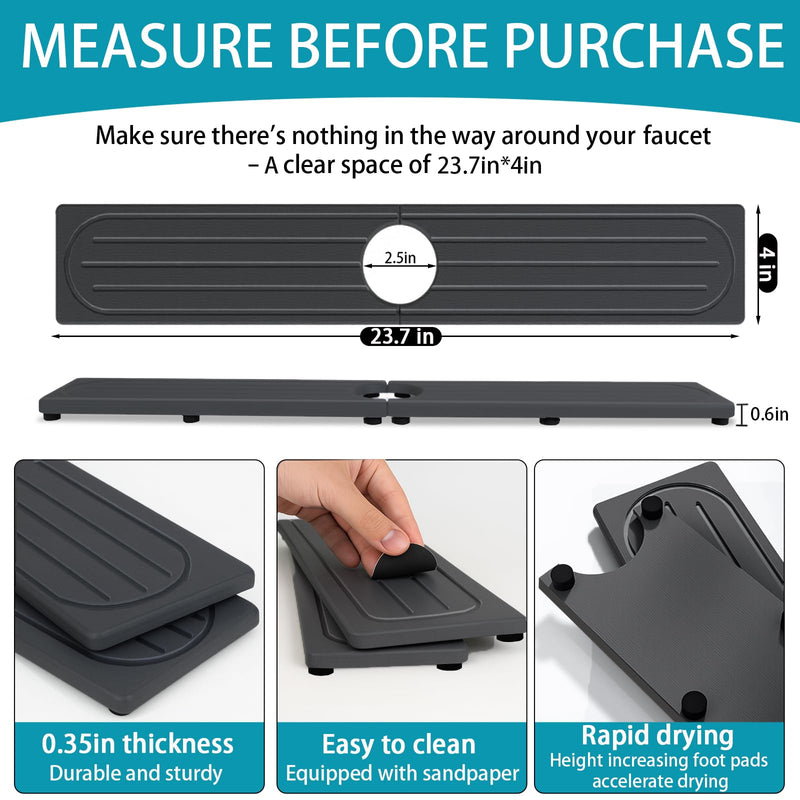Stone Faucet Mat for Kitchen Sink with Raised Feet, Sink Mat for Kitchen Faucet, Water Absorbent Diatomite Stones Sinks Tray, Sink Splash Guard & Protectors, Stone Drying Tray for Bathroom Counter 23.7" x 4" Dark Gray Style 1