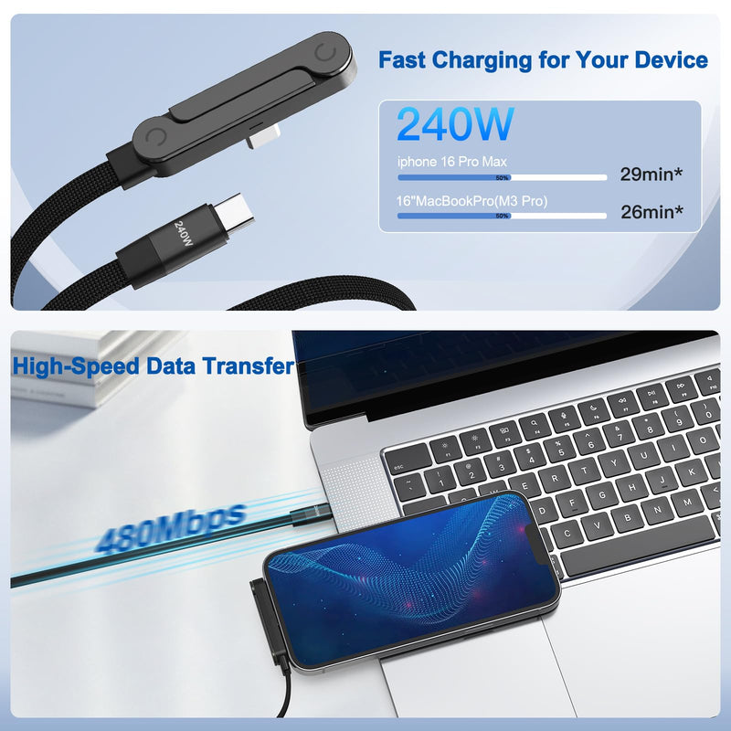 3Pack USB C to USB C Cable with Built-in Phone Stand 90° Right Angle 240W 5FT Nylon Braided Fast Charging Cord for iPhone 17 16 15 Pro Max Plus,MacBook Air/Pro,iPad Pro,Samsung S25,Pixel,iPad(Black) Black