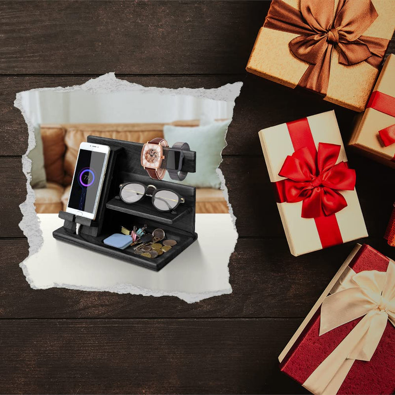 Gifts for Men Bedside Organiser Wood Phone Docking Station Dad Birthday Gifts for Him Nightstand Key Wallet Watch Stand Mens Gifts for Xmas Presents for Dad Husband Boyfriend Anniversary & Christmas Deep Black-1
