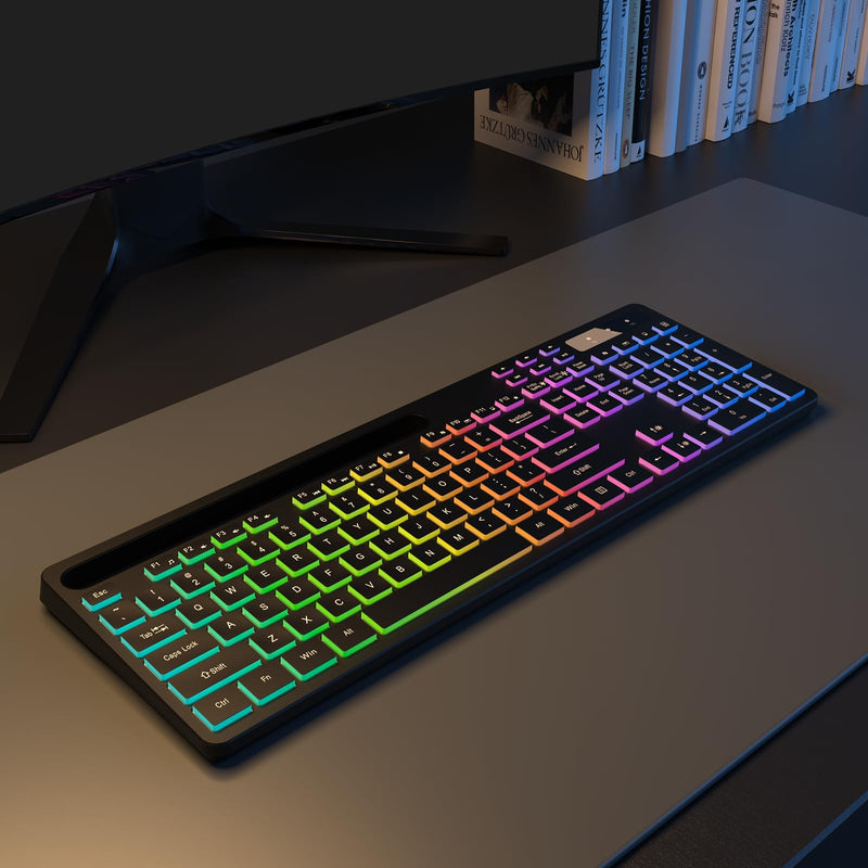 Wireless Keyboard with 7-Color RGB Backlit, Full-Size Computer Keyboard with Phone Tablet Holder, Rechargeable 2.4G Wireless Gaming Keyboard with Light Up Key, Compatible with Mac, Windows