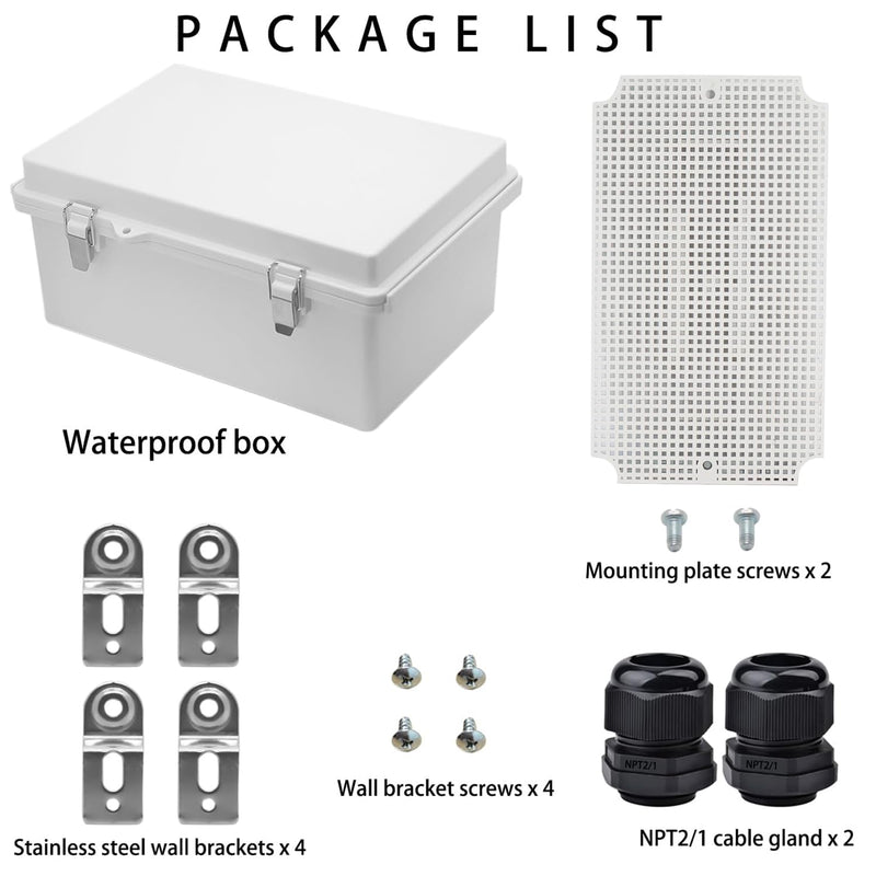 Waterproof Electrical Box with Mounting Plate, IP67 Junction Box Stainless Steel Latch Hinged Grey Cover Project Enclosure with Wall Bracket and 2 Glands 10.2" x 6.3" x 3.9" 10.2" x 6.3" x 3.9"
