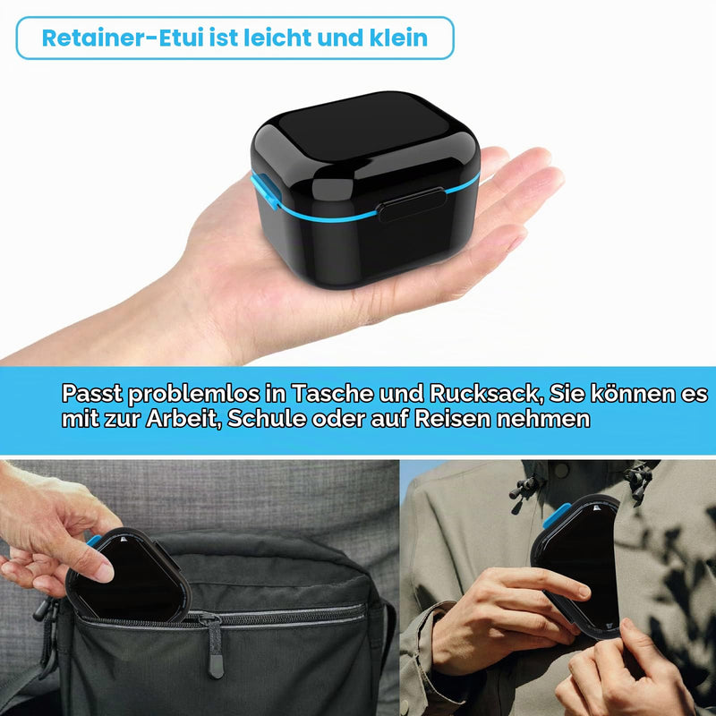 BVN Braces Box & Teeth Cleaner Set - Storage Box for Dental Splint, Prosthesis & Bit, Includes Cleaning Tablets, Denture Container, Travel-Friendly, Black Black Blue
