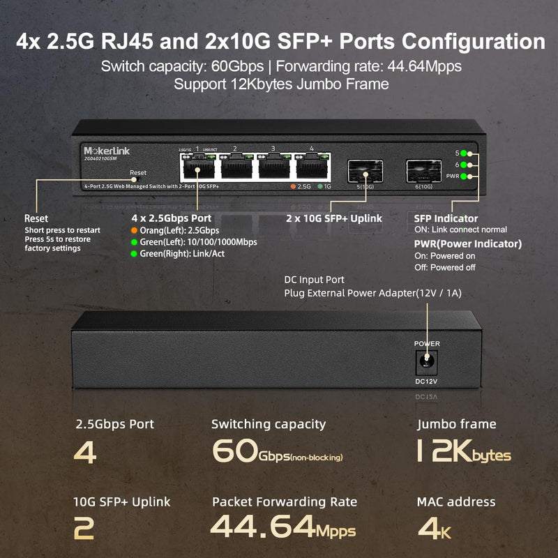 MokerLink 4 Port 2.5G Managed Switch with 2 Port 10G SFP+ Slot, 4 x 2.5Gigabit Base-T Ports Compatible with 10/100/1000Mbps, Mini Size Metal Web Managed Fanless Network Switch 4x2.5G(Managed)