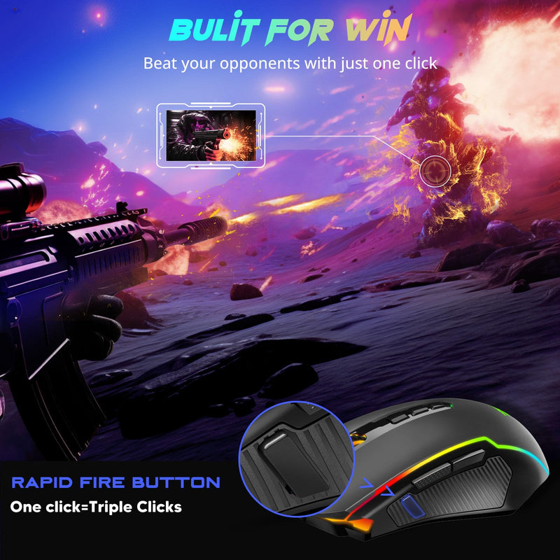 Redragon Gaming Mouse, Wireless Mouse Gaming with 8000 DPI, PC Gaming Mice with Fire Button, RGB Backlit Programmable Ergonomic Mouse Gamer, Rechargeable, 70Hrs for Windows, Mac Gamer, Black 2.4G/ Wired