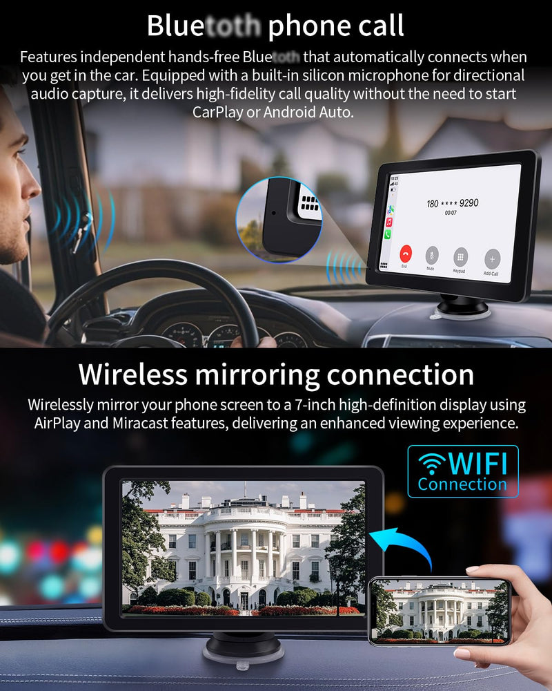 Portable Apple Carplay Screen for Car, 7" HD Car Stereo Touchscreen with Wireless CarPlay & Android Auto, Mirror Link, Bluetooth, Voice Control, Memory Card Playback, AUX - Fits All Vehicles