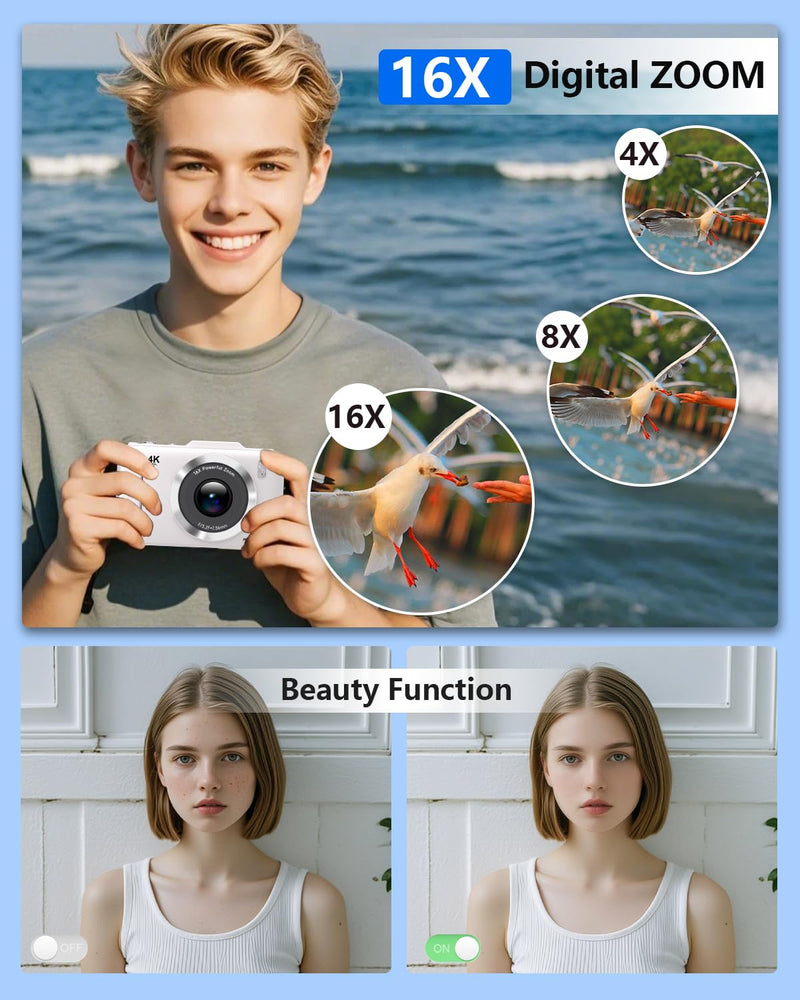 Digital Camera, FHD 1080P Kids Camera Digital with 16x Zoom Anti Shake, 32GB Card, 4K 48MP Portable Compact Point and Shoot Cameras, Vintage Small Camera for Teens Beginner Kids Present White