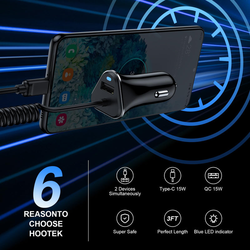 USB C Fast Samsung Car Charger with 3ft Type C Coiled Cable for Samsung Galaxy A55 A15 A35 A54 S24 S23 Ultra S22 S21 FE S20 S10 A14 A13 A53,3.4A Android Car Phone Charger Adapter for iPhone 15 Pro Max