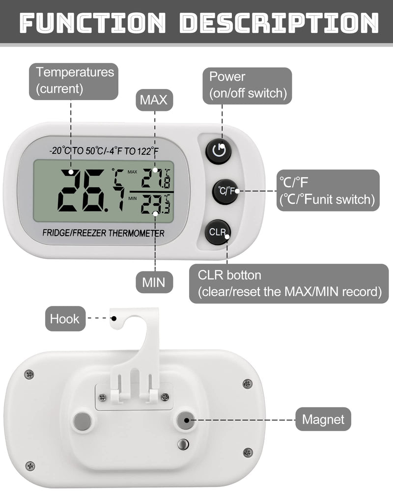 Frienda 8 Pack White Digital Fridge Thermometer Waterproof Refrigerator and Freezer Room Max/min Record Function LCD Screen Refrigerator Thermometer with Hook and Magnetic Back for Home