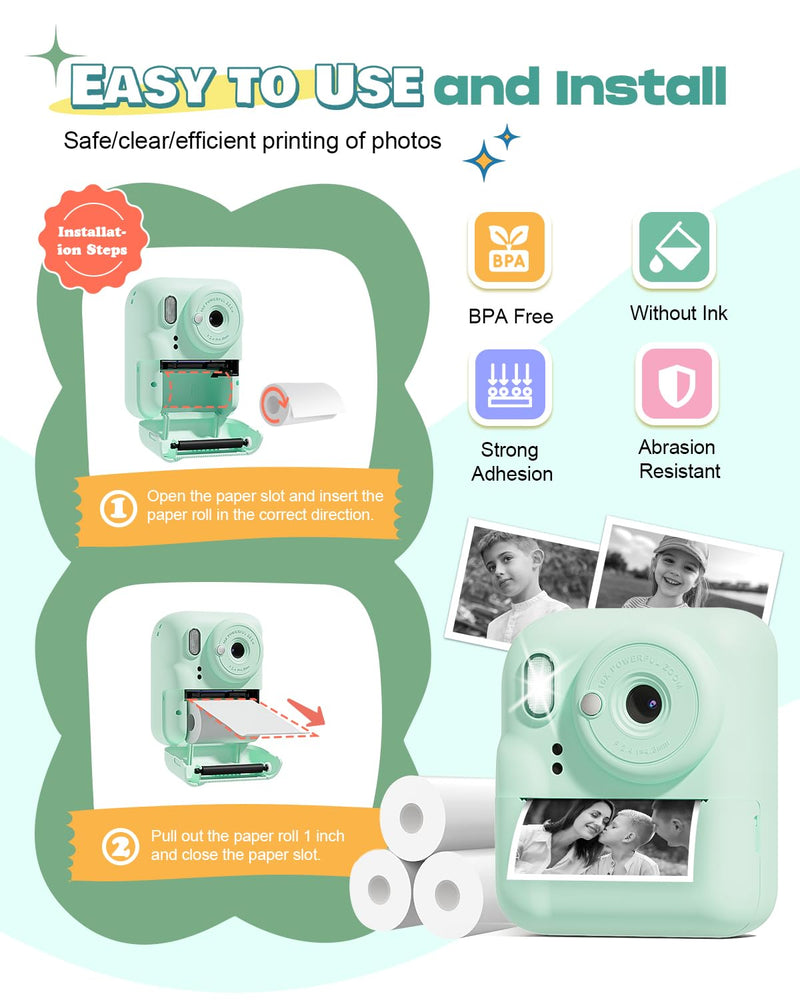 Seckton Kids Camera Instant Print, Upgrade Selfie Digital Camera for Kids, Christmas Birthday Gifts for Boys Girls Age 3-12, Toddler Portable Travel Toy with HD 1080P Video-Green Green