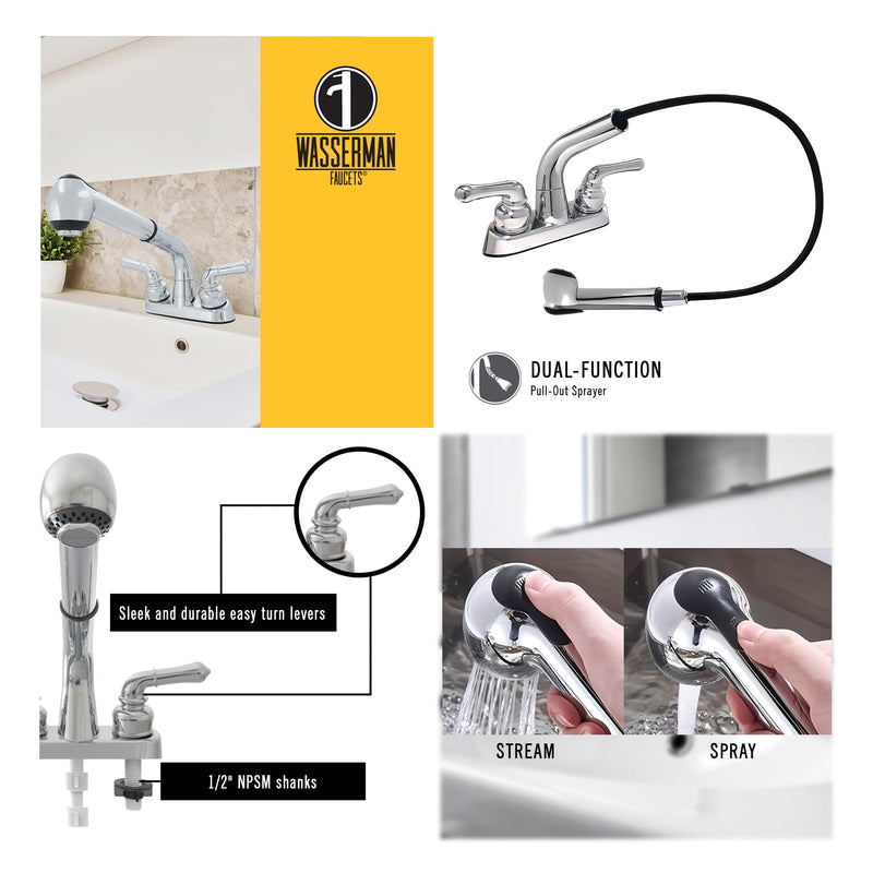 WMF 2 Handle Utility/Laundry/Shop Sink Faucet with Pull Out Sprayer in Chrome, Non-Metallic ABS Plastic, 4" Centerset for Laundry Room, Garage, Mud Room, RV