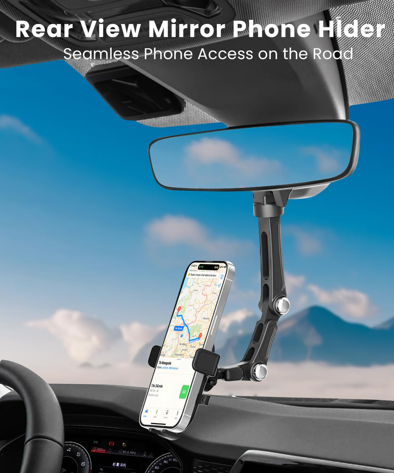 Rearview Mirror Phone Holder for Car, Rear View Mirror Phone Holder, Rotatable and Retractable Car Phone Holder Mount, Car Truck Essentials Accessories Compatible with All Cell Phones Jet Black
