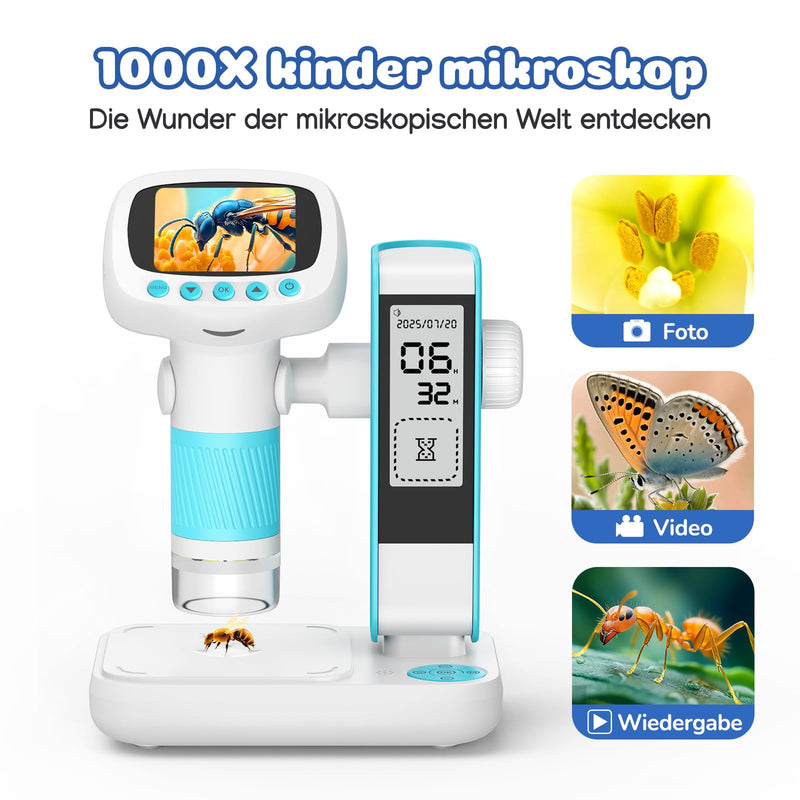 Leipan Portable Children's Microscope with 2 Inch IPS Screen | Digital microscope for children, USB microscope, photo and video recording, magnifying glass toy from 3 years blue
