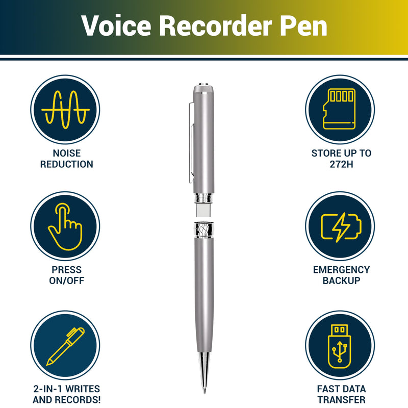Digital Voice Recorder Pen - 64GB - Mini Audio Recording Device for Meetings - Portable Dictaphone Microphone Sound - Compact Digital Recorder with Free E-Book Included GREY