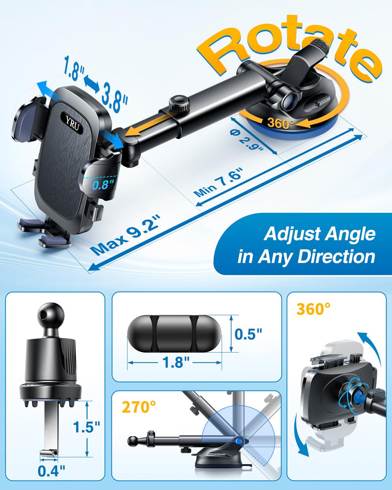 YRU True Military-Grade [360° Rotation Suction] 2025 Ultimate Car Phone Holder Mount 【90+LBS Safest Strongest & Patent Certs】 Dashboard Windshield Vent for iPhone 17 16 Pro Max Samsung, Dark Blue