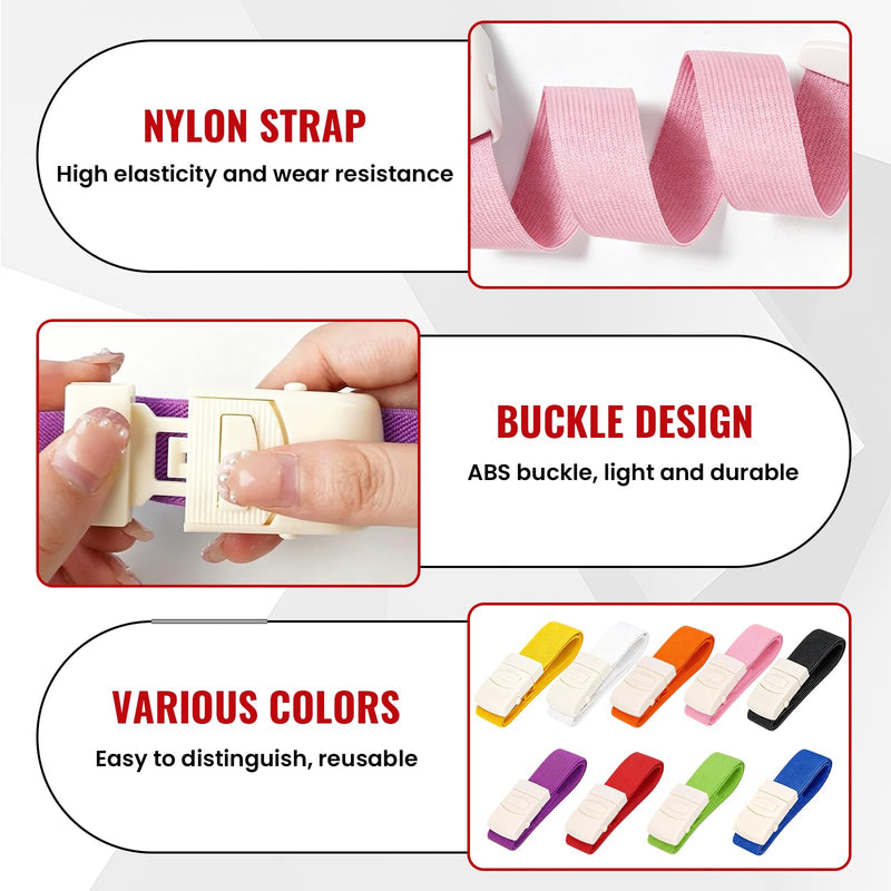 Pack of 9 Blood Removal Tubes, Vein Storage, Snap Closure, 9 Colors | Highly flexible nylon tourniquet, 2.5 x 40 cm, suitable for use at home, outdoors and in the hospital