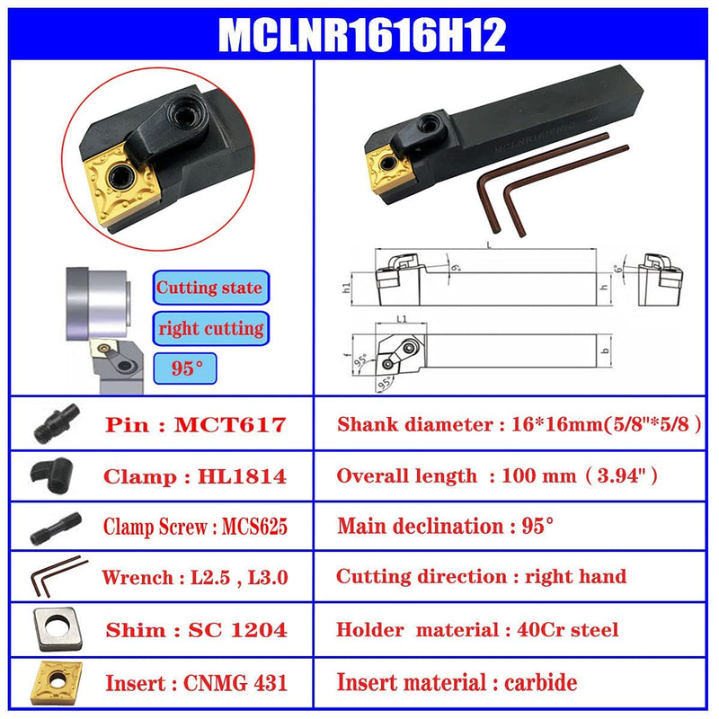 3PCS 5/8" CNC Lathe Excircle Indexable Carbide Turning Tool Holder Bit Set MTJNR1616H16 + MWLNR1616H08 + MCLNR1616H12 with 3pcs wnmg431, cnmg431, tnmg331 Indexable Carbide Inserts (Right Cutting)