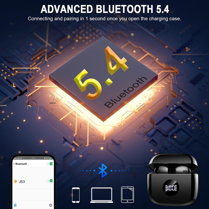 Wireless Earbuds, Bluetooth 5.4 Ear Buds LED Power Display Headphones Bass Stereo, Bluetooth Earbuds in-Ear Noise Cancelling Mic, 40H Playback Mini Case IP7 Waterproof Sports Earphones for Android iOS Black