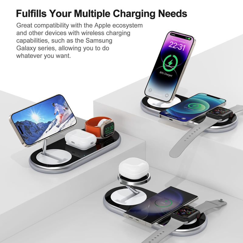 3 in 1 Charging Station for Apple Devices, Faster Mag-Safe Charger Stand, Magnetic Wireless Charger Station for iPhone 15 14 13 12 Pro Max Plus, Apple Watch iwacth & AirPods, Adjustable Angle Crystal Silver