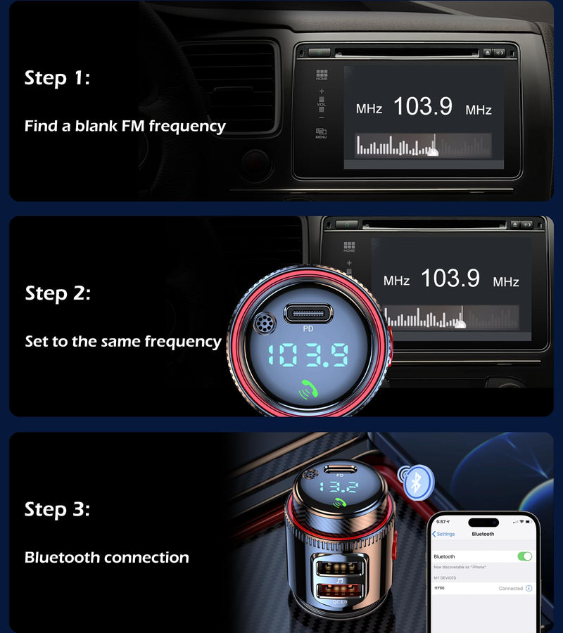 Car Bluetooth Adapter, Wireless FM Transmitter, USB C&QC3.0 Dual Fast Charging, Cigarette Lighter Radio Music, Supports Hands-Free Siri Google Assistant & USB Drive, HiFi Bass Sound