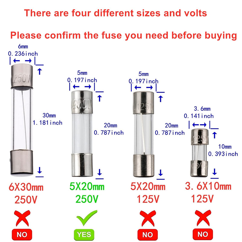 BOJACK T2AL250V 5x20mm 2A 250V Slow Blow Glass Fuses 2 Amp 250 Volt 0.2 x 0.78 Inch Glass Tube Delay Fuses (Pack of 20) T2A
