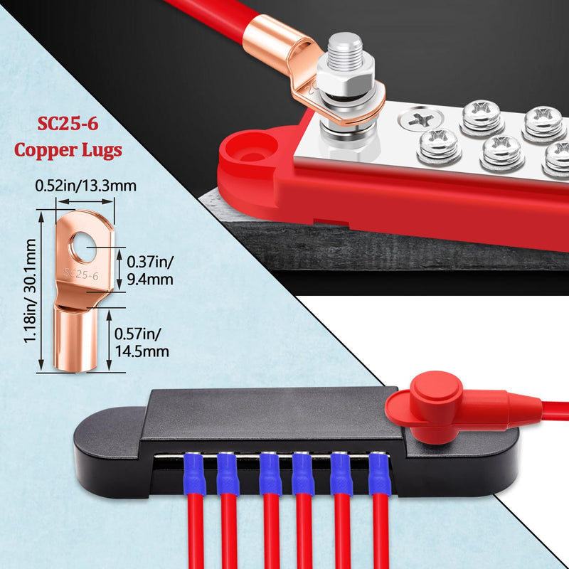 12V Power Distribution Block 150A 1/4" Stud Bus Bar Marine with 2PCS Silicone Terminal Covers, 2PCS Copper Lugs and Ring Terminals for Car and Boat (Black+Red) Q-078