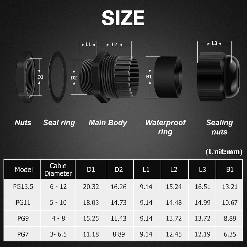 Pack of 20 cable glands PG7, Hanibos cable gland waterproof IP68 cable entry black adjustable cable glands for outdoor garden switch box junction box