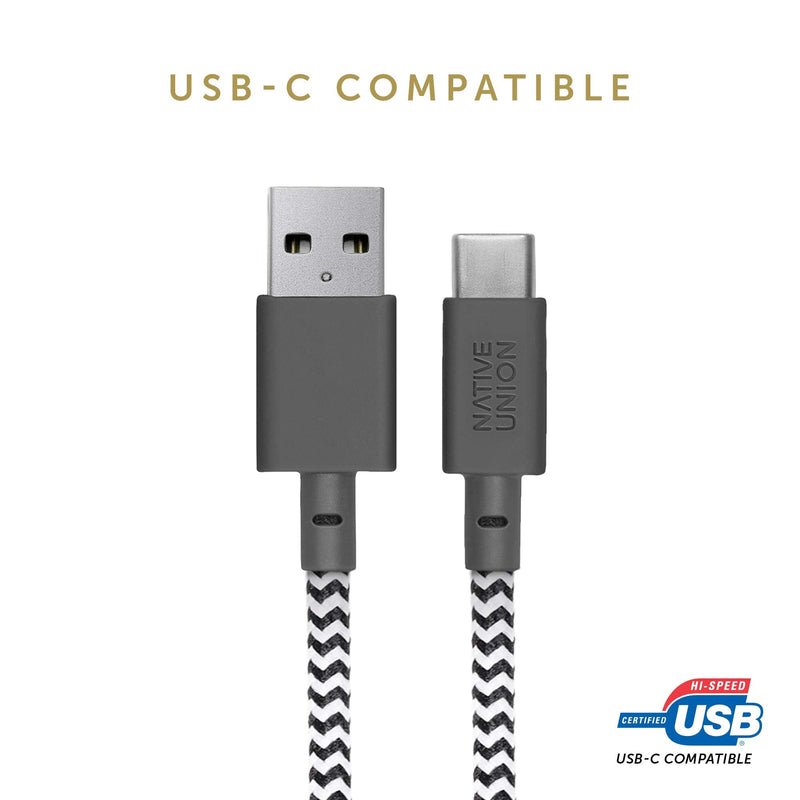 Native Union Belt Cable XL USB-A to USB-C - 10ft Ultra-Strong Charging Cable with Leather Strap for iPhone 17/17 Pro/17e, iPhone Air, Galaxy S26/S25, Z Fold 7/Flip 7, Pixel 10 Pro, iPad Pro (Zebra) Zebra