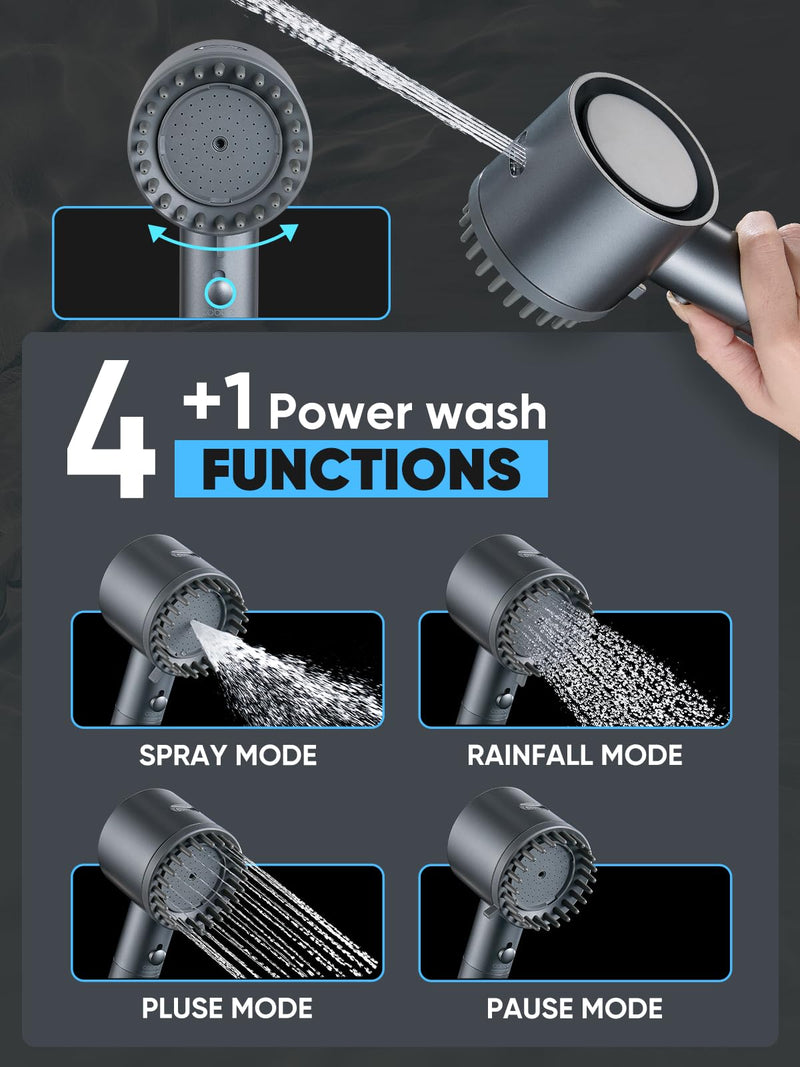 Cobbe Filtered Shower Head with Handheld, High Pressure 5-mode Showerhead with Filters, Built-in Power Wash for Hard Water - Remove Chlorine - Reduces Dry Itchy Skin, Gray Flow Rate 1.8 GPM