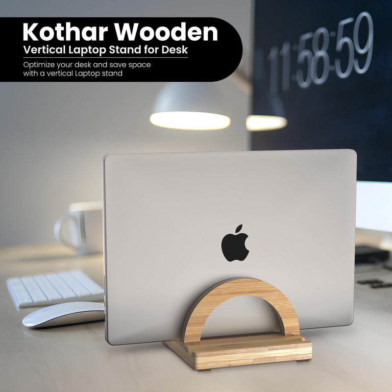 Kothar Premium Wood Vertical Laptop Stand - Adjustable Single Slot Bamboo Holder for MacBook, Dell, HP, and More | Space-Saving Desktop Organizer | Eco-Friendly, Sleek & Durable Design Natural
