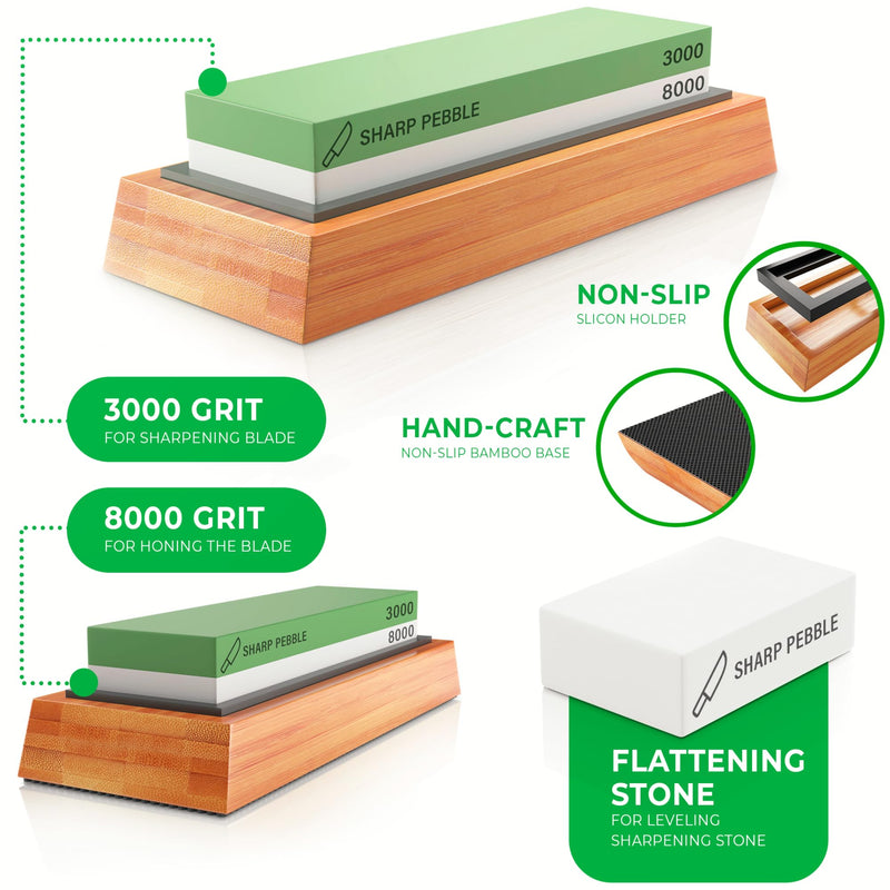 Sharp Pebble Premium Whetstone Knife Sharpening Stone 2 Side Grit 3000/8000 Wetstone Kit -Wetstone Kitchen Knife Sharpener with Non-Slip Bamboo Base & Flattening Stone