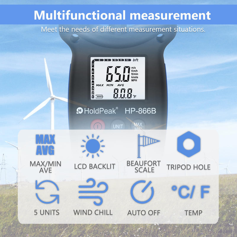 BT100 Digital Anemometer Handheld Wind Speed Meter for Measuring Wind Speed, Temperature/Wind Chill with Backlight and Max/Min (866B)