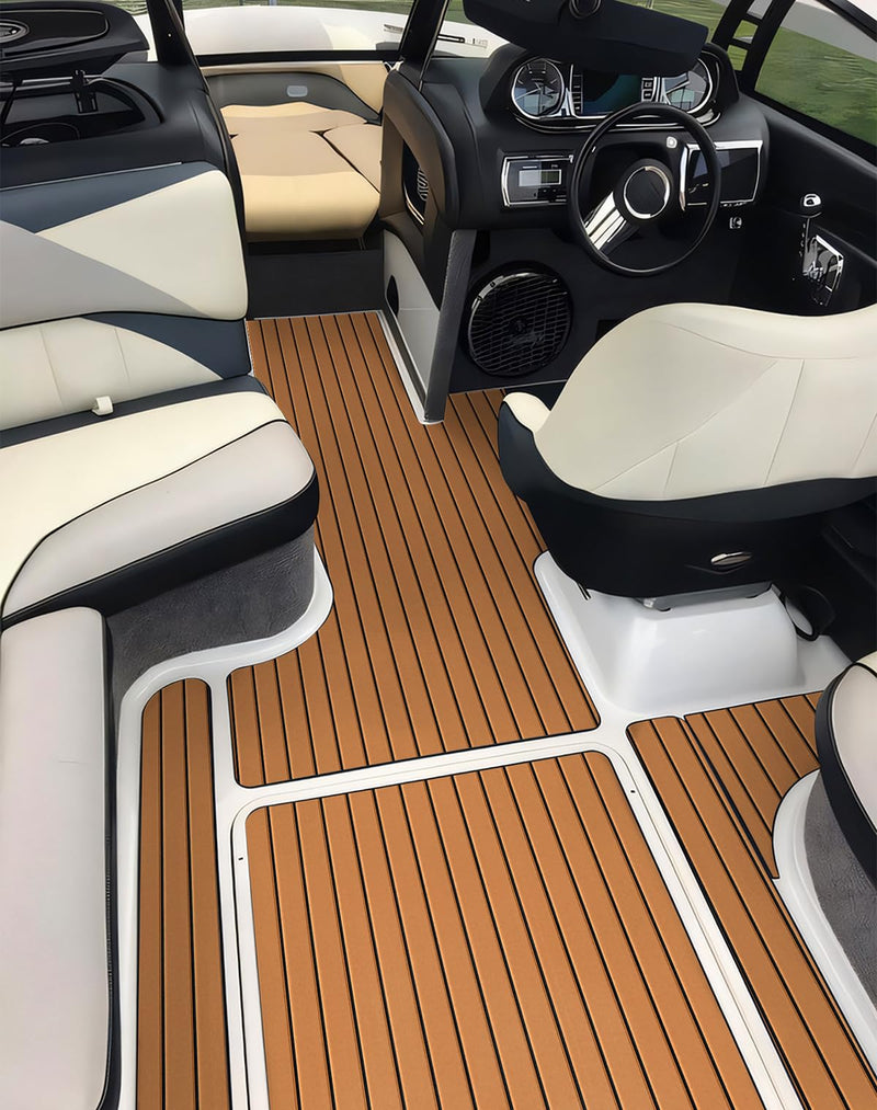Hjdeck Boat Flooring EVA Foam Boat Decking with 3M Self-Adhesive Backing Non-Slip Boat Foam Flooring Marine Carpet DIY Faux Teak Sheet for Yacht Jon Boat Kayak Motorboat SUP Ramp RV Floor Helm Pad 47.2"x 16.1" - 5.2sqft Brown with Black Seam