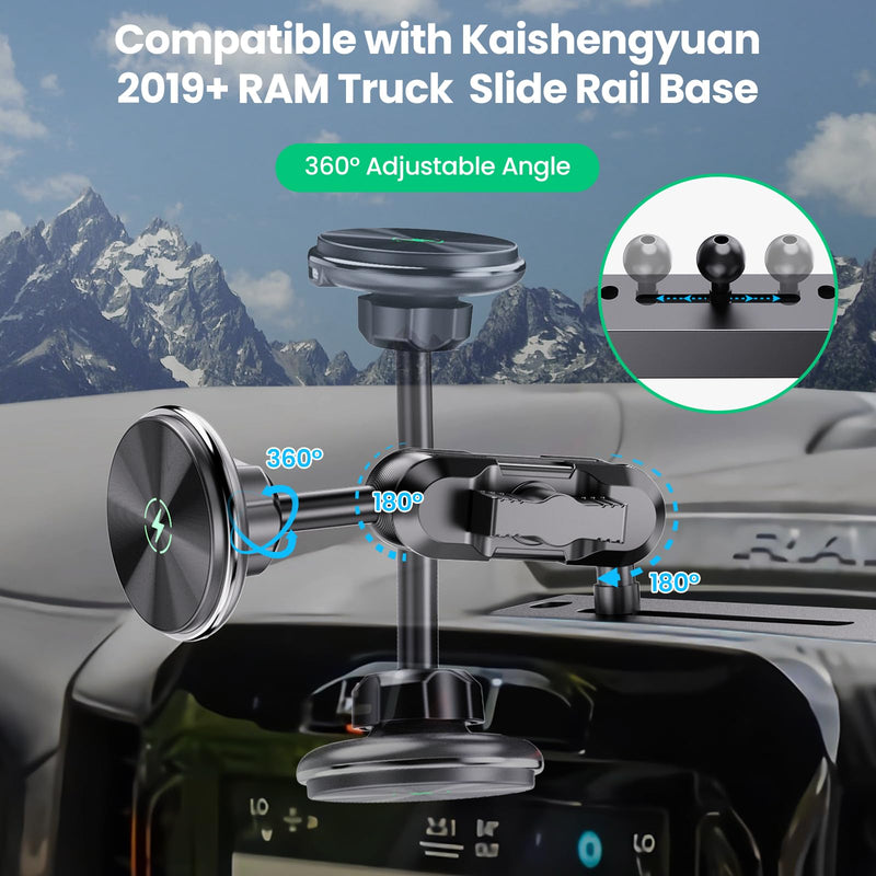 Kaishengyuan Dash Mount Wireless Charger Magnetic Holder with Metal Double Socket Arm & 360° Rotating Extension Mounting Arm & 0.98” Ballhead Compatible with All Smartphones