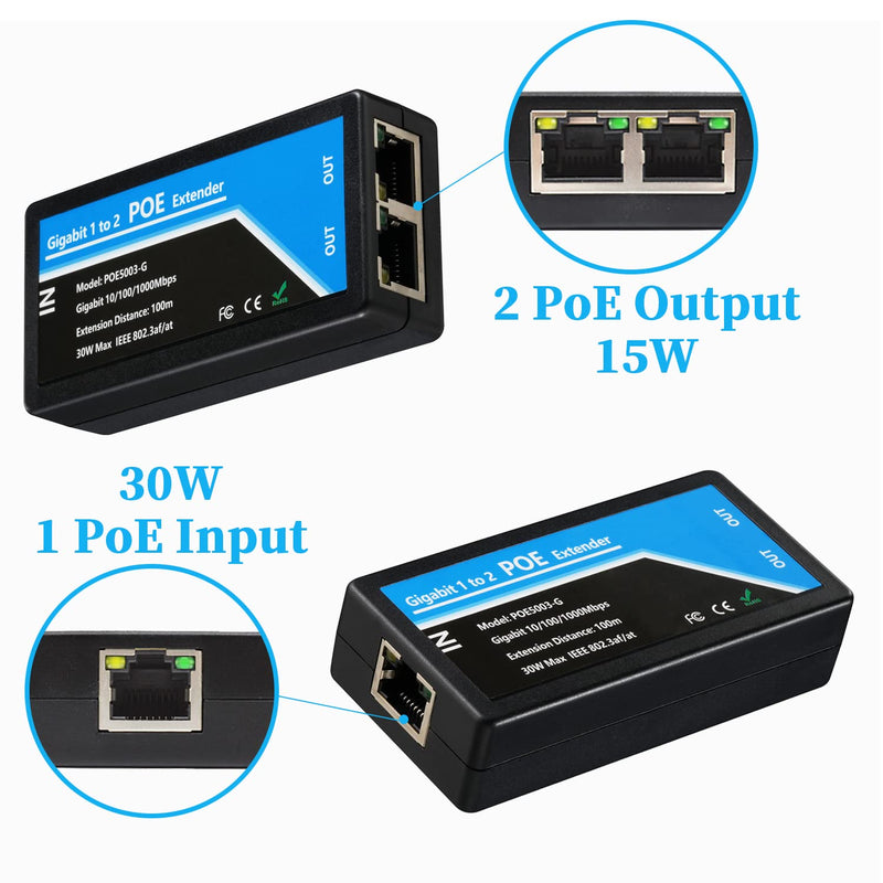 Revotech Gigabit 2 Port POE Extender, IEEE 802.3af/at PoE+ Standard, 10,100,1000Mbps, POE Repeater 100 Meters(328 ft), Extender 1 in 2 Out, Power Supply for PoE Camera/PoE Device (POE5003-G)