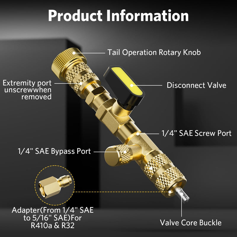 Valve Core Remover Installer Tool with Dual Size SAE 1/4 and 5/16 Port Brass Adapter, Schrader Valve Tool for R22 R410a Refrigerant Systems with 20pcs Valve Cores