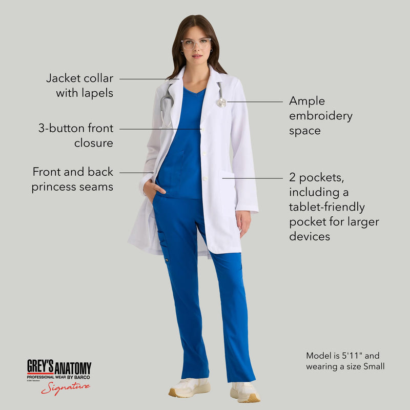 BARCO Grey's Anatomy Scrubs Signature - Morgan Lab Coat for Women, Professional Full-Length Long Sleeve 35" Lab Coat Medium White