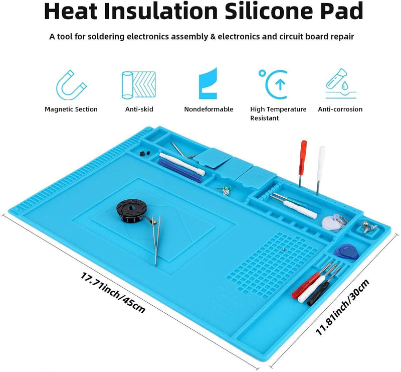 Aweohtle Silicone Soldering Mat 500℃ Heat-Resistant Magnetic Repair Mat Work Mat Soldering Mat Anti-Static for Soldering Guns, Hot Guns - Large 45x 30cm