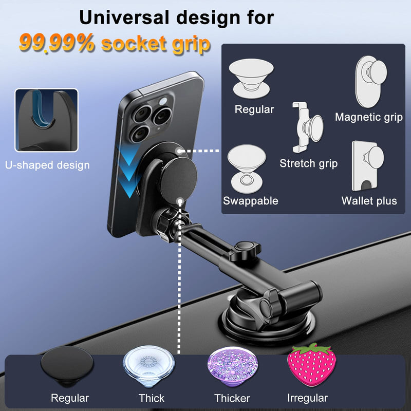 Car Mount for Pop Socket, Dashboard Windshield Car Phone Holder Compatible with Popsocket, Powerful Suction Cup Car Phone Mount Fits All Smartphones with Pop Grip