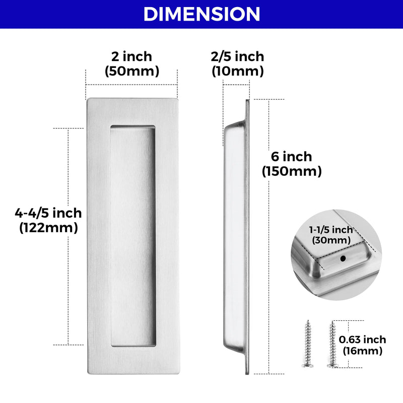 JOY DECOR 6 Pack Pocket Door Handles, 5.9" Rectangular Recessed Pulls for Sliding Closet and Barn Doors, Brushed Nickel Flush Finger Pulls 5.9 inches Brushed Nickel Rectangular