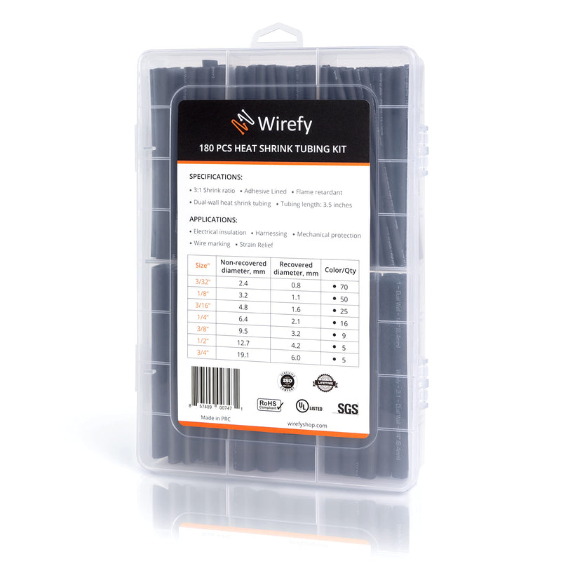 Wirefy Polymer, Heat Shrink Tube Set with Adhesive - 3:1 Shrink Ratio, Double-Walled Heat Shrink Tube Waterproof - Heat Shrink Tube Black - 180 Pieces