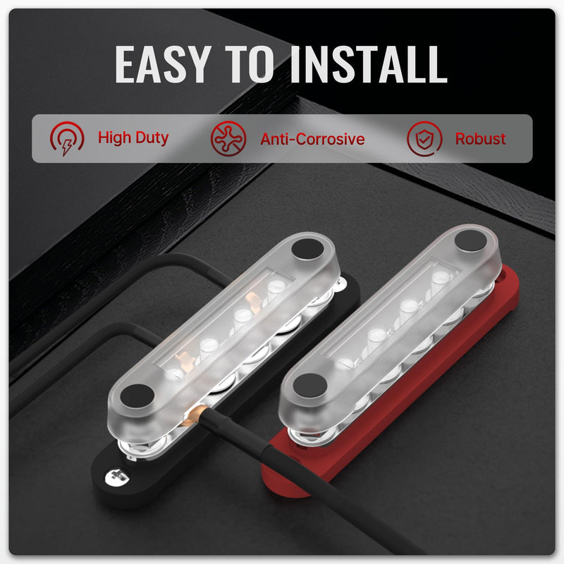 12V Bus Bar 250A Power Distribution Block, 12 Volt Busbars 6 x 5/16" (M8) Terminal Studs Positive & Negative for Car, Marine, Solar Systems