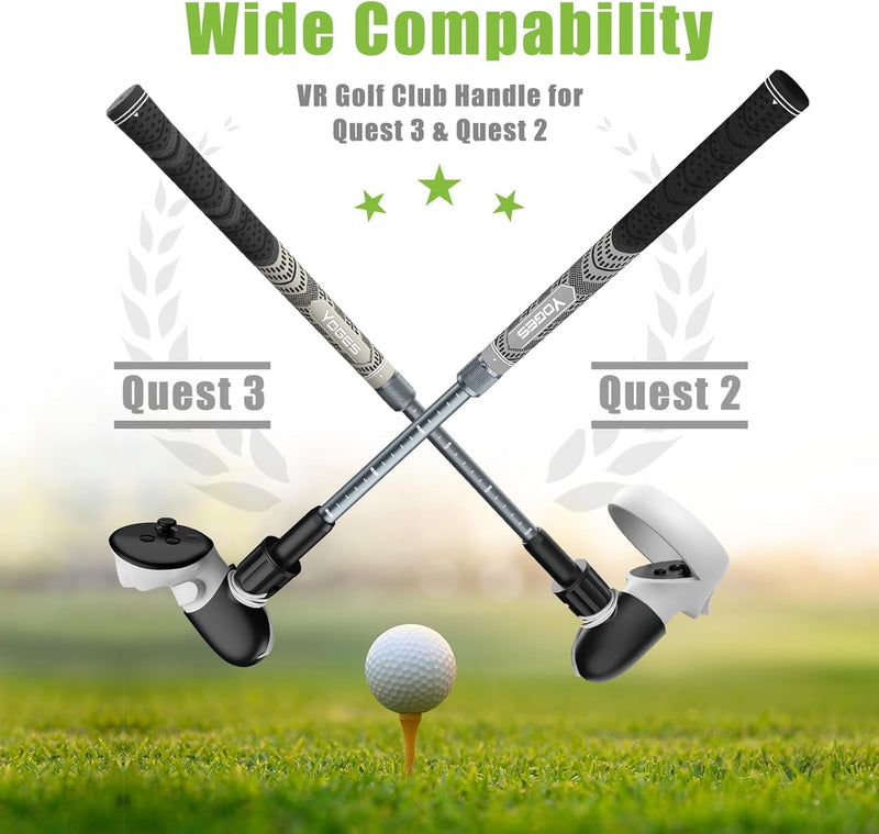 YOGES Adjustable Length VR Golf Club Handle for Meta Quest 3S/Quest 3/Oculus Quest 2, 90 Degree Virtual Reality Baseball Controller Attachment, Simulator Real Golf Game (ONLY for Right Controller) Black/Grey