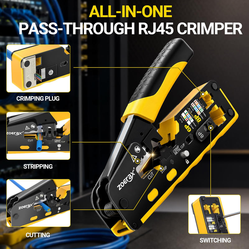 RJ45 Pass-Through Crimping Tool Kit for Cat7, Cat6, Cat5 – Includes Cable Tester, Wire Stripper, Cutter, 50 Cat6 Connectors & Strain Relief Boots – DIY Ethernet Network Tool 8 IN 1 Set