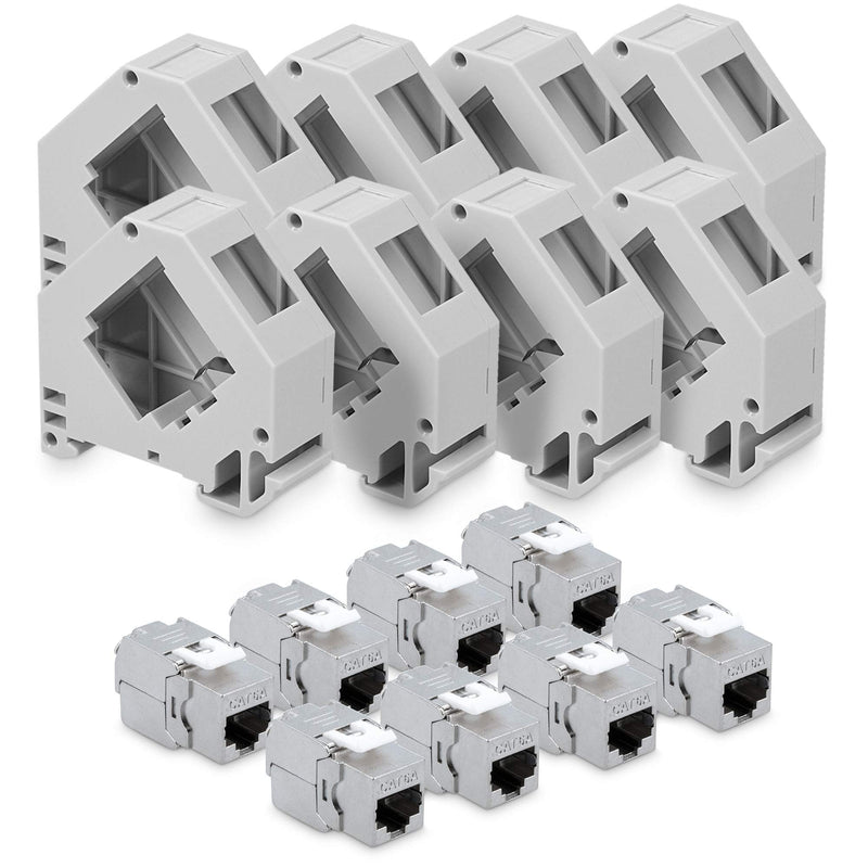 kwmobile Keystone Module Set CAT 6A with DIN Rail Adapter - 8x RJ45 DIN Rail Adapter Socket Shielded + 8x Holders for DIN Rail - Tool-Free Network Socket up to 10 Gbit/s 8x+8x